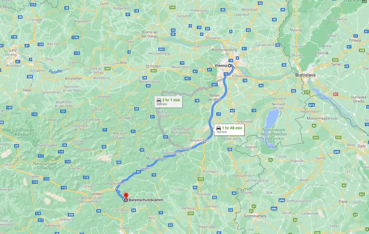 Bärenschützklamm map - Vienna distance