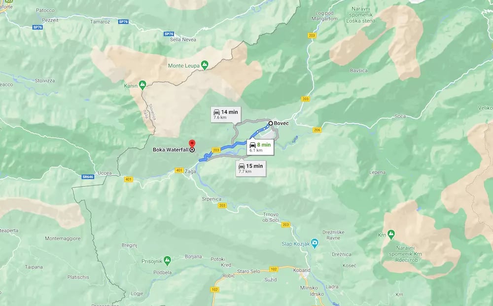 Nehmen Sie die Straße 203 von Bovec, um den Boka-Wasserfall zu besuchen (7 Min.)Nehmen Sie die Straße 203 von Bovec, um den Boka-Wasserfall zu besuchen (7 Min.)