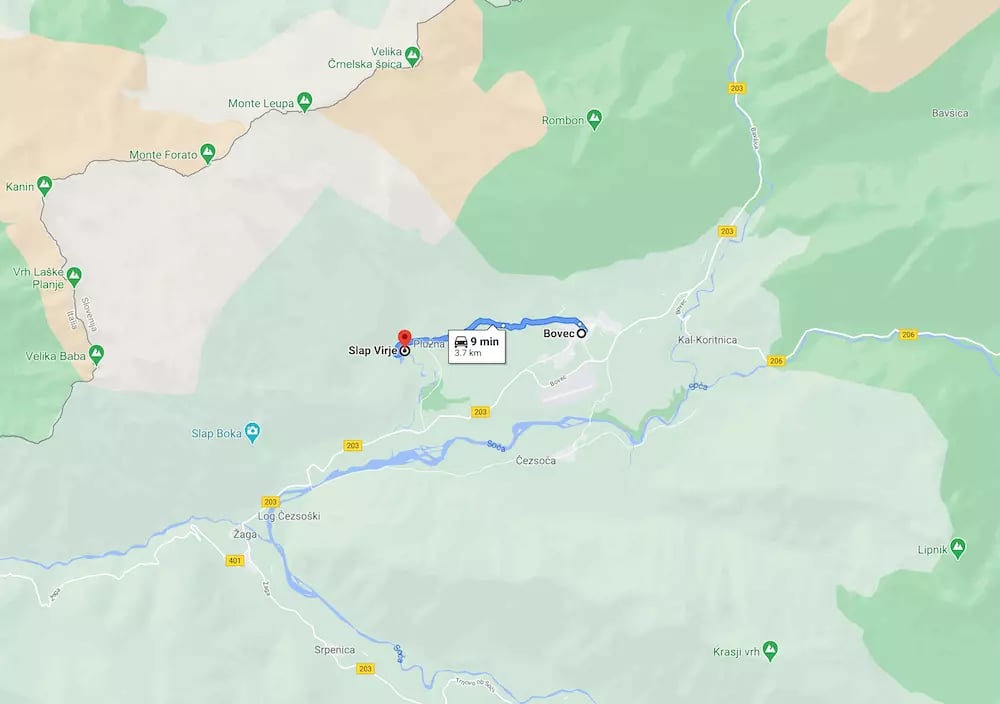 Wie kommt man vom Bovec zum Virje-Wasserfall (8-10 Min. Fahrt)