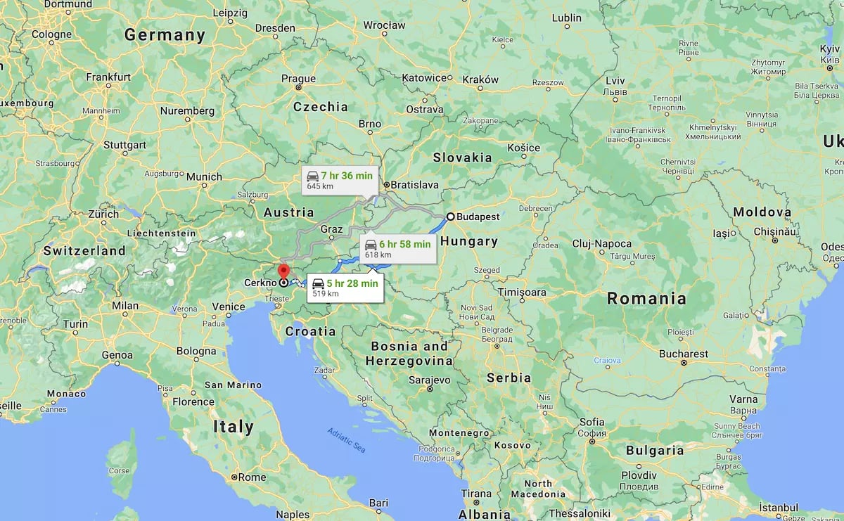 Cerkno Budapest távolság - Szlovénia térkép