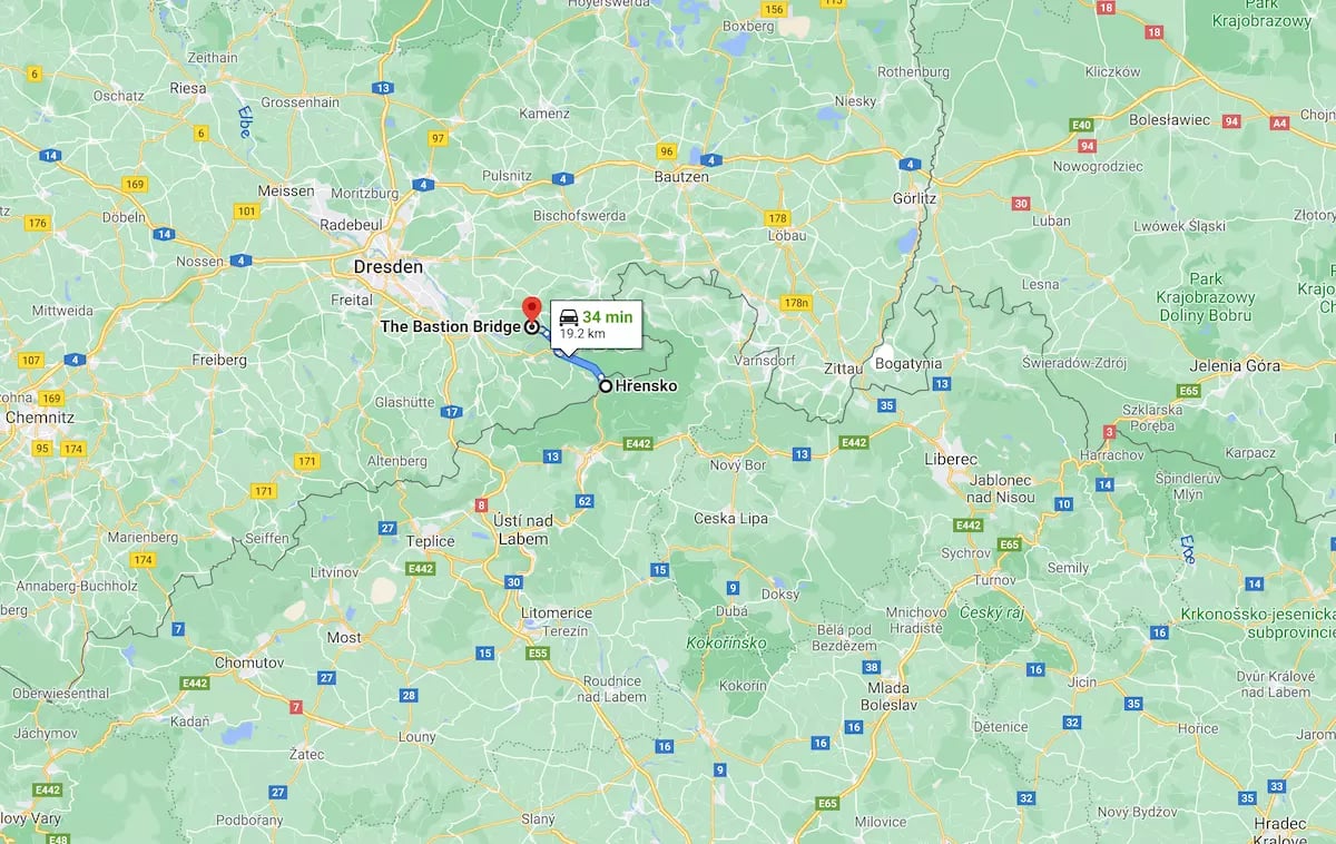 Cseh Svájc és Szász Svájc távolság térkép