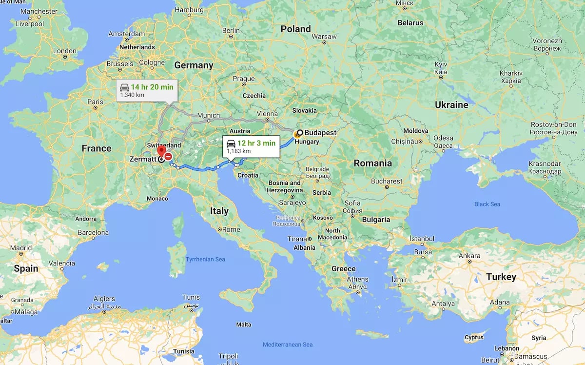 Zermatt térkép - Budapest távolság