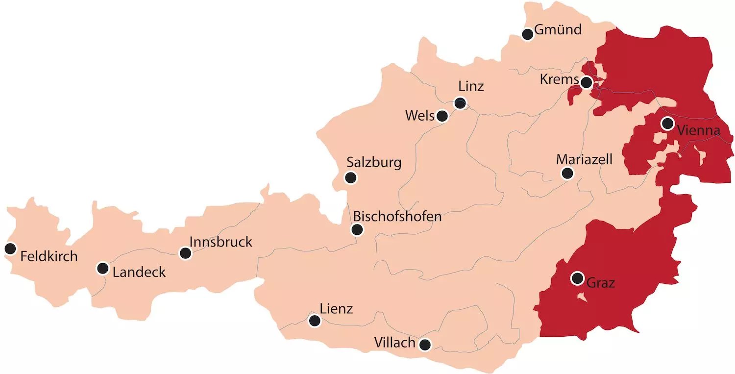 Ausztria borvidéke térkép