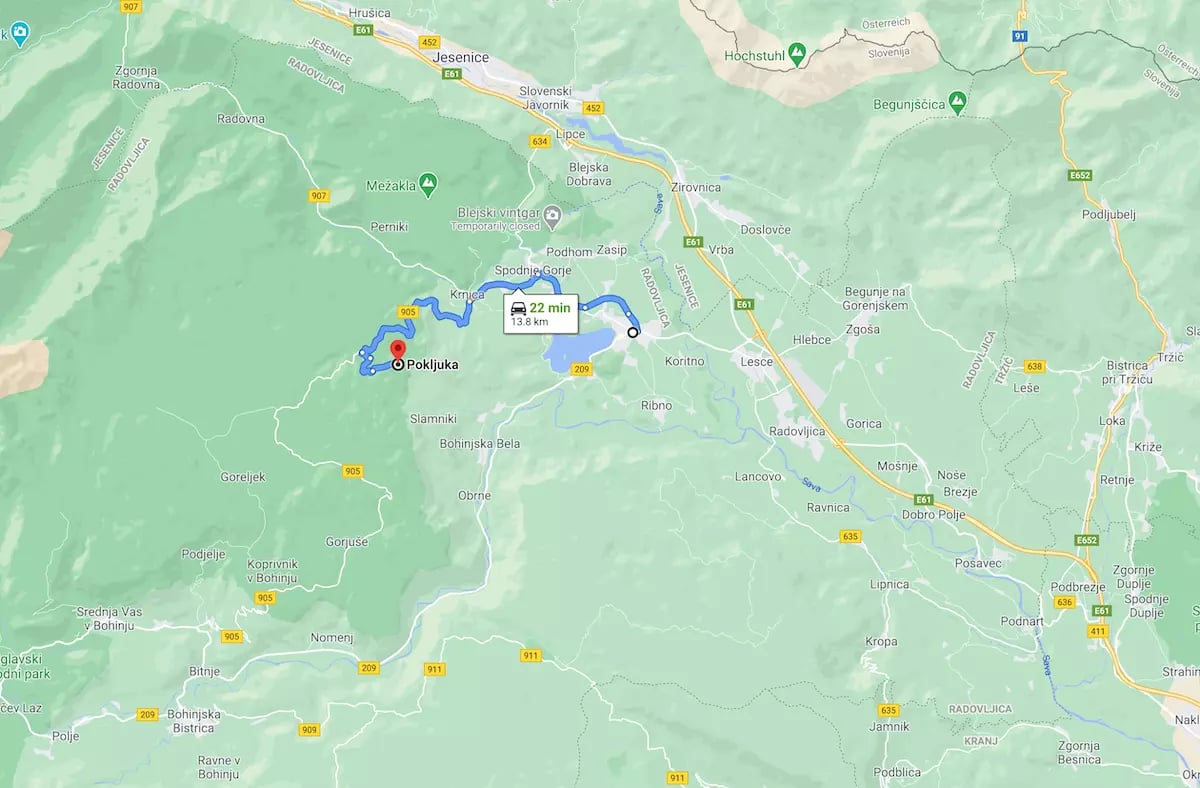Distance between Bled and Pokljuka