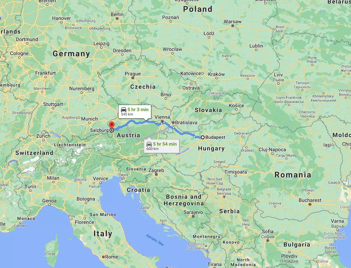 Budapest - Salzburg távolság térképe