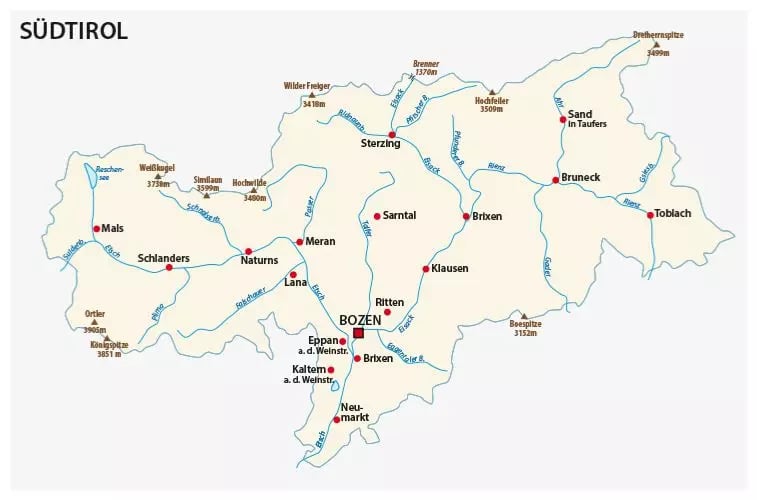 Dé-Tirol térképe, székhely: Bolzano (Bozen)