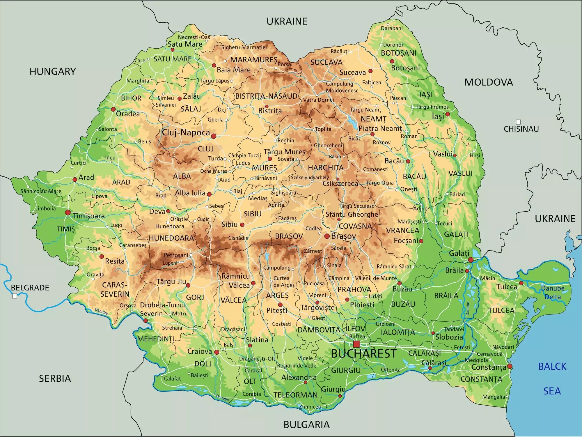 Románia domborzati térképe