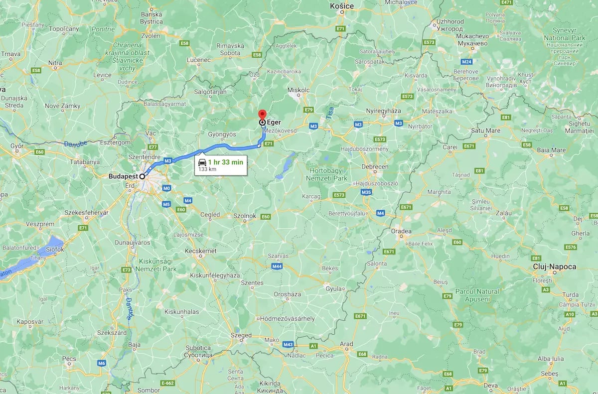 Bükki Nemzeti Park térkép: Budapest - Eger távolság 