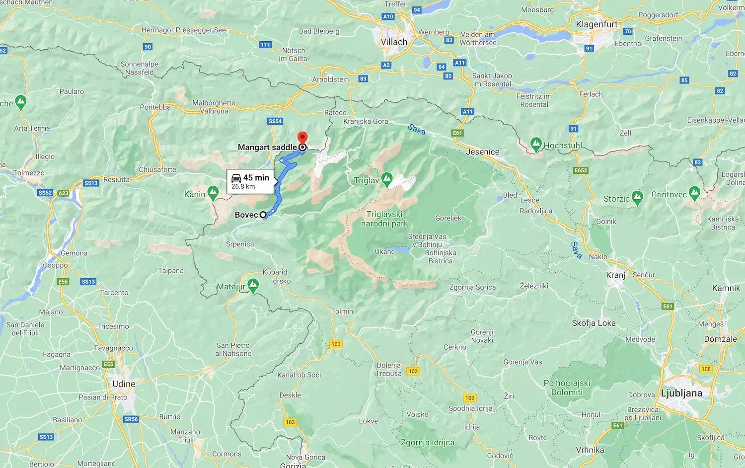 Mangart nyereg térkép - Bovec távolság 