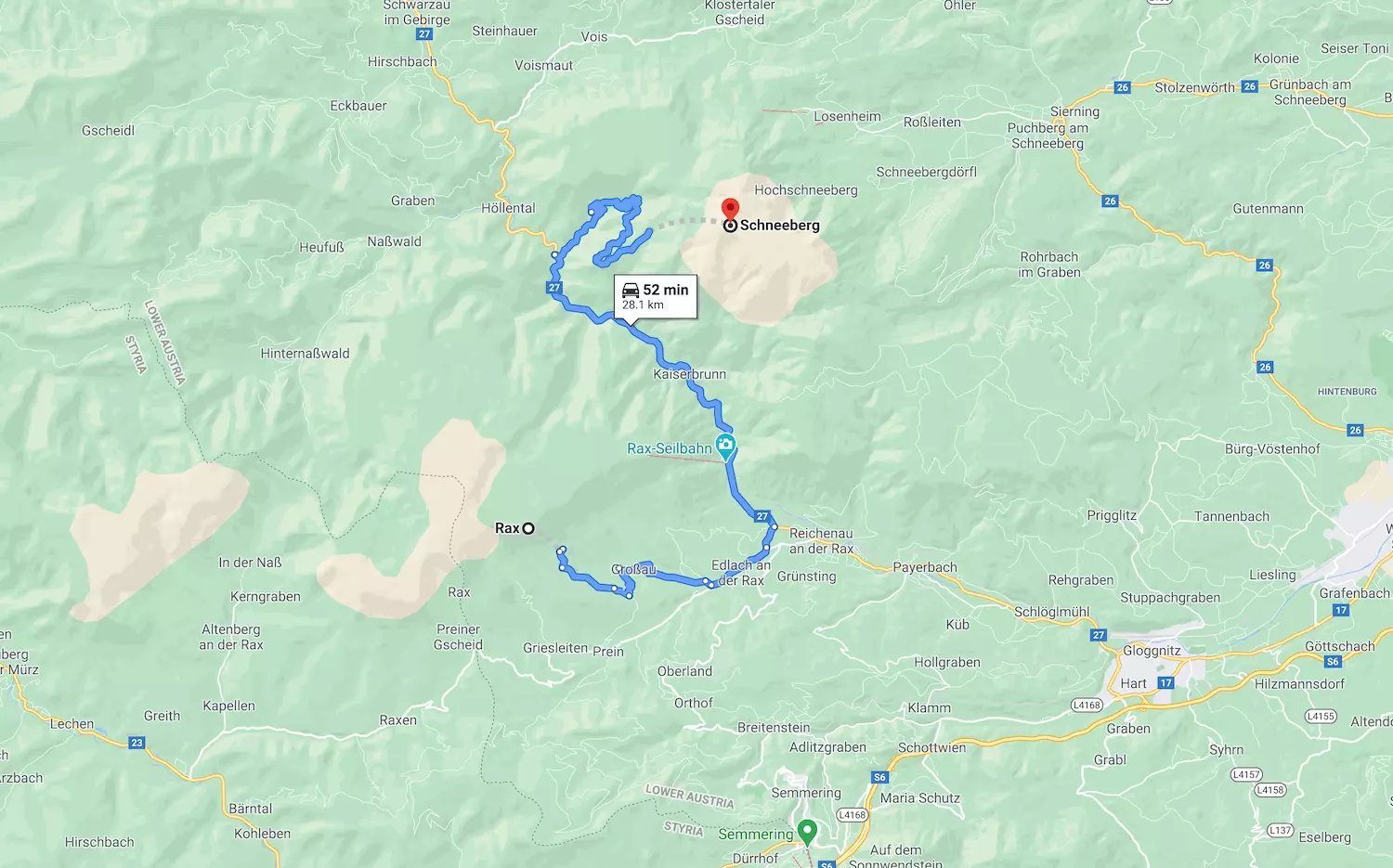 Schneeberg térkép - Rax távolság