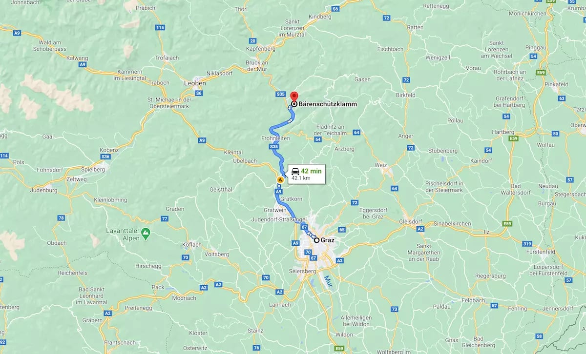 Bärenschützklamm map - Graz distance