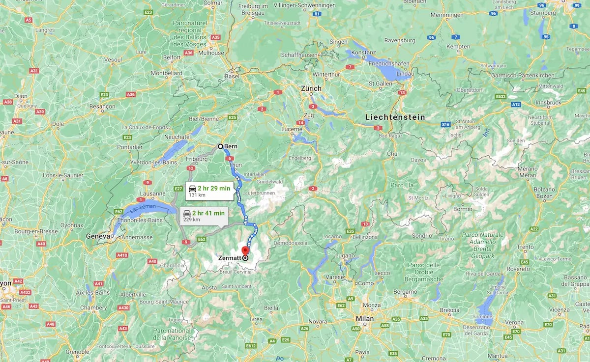 Zermatt location - Distance from Bern