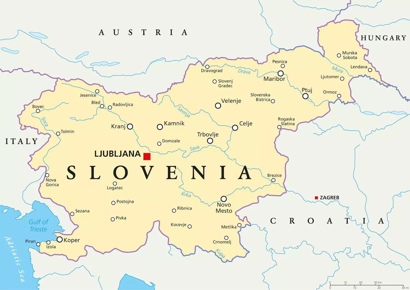 Slovenia map - cities, Ljubljana