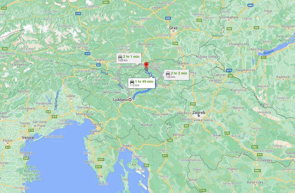 Mezica mine map - Ljubljana distance