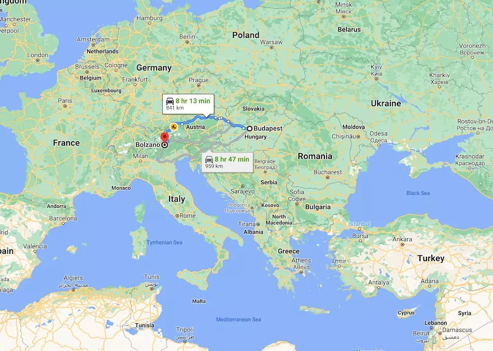 Dél Tirol térkép - Bolzano - Budapest távolság