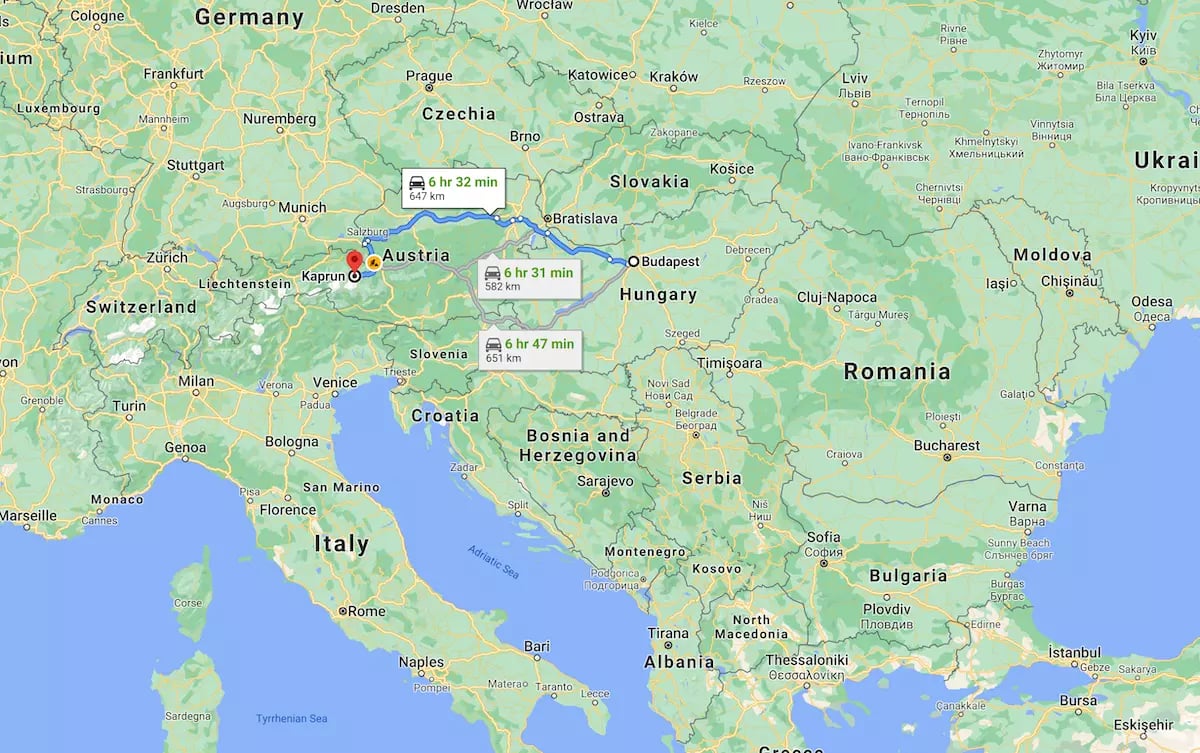 Kaprun térkép: Budapest távolság