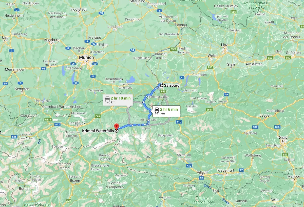 Salzburg - Krimml vízesés távolság