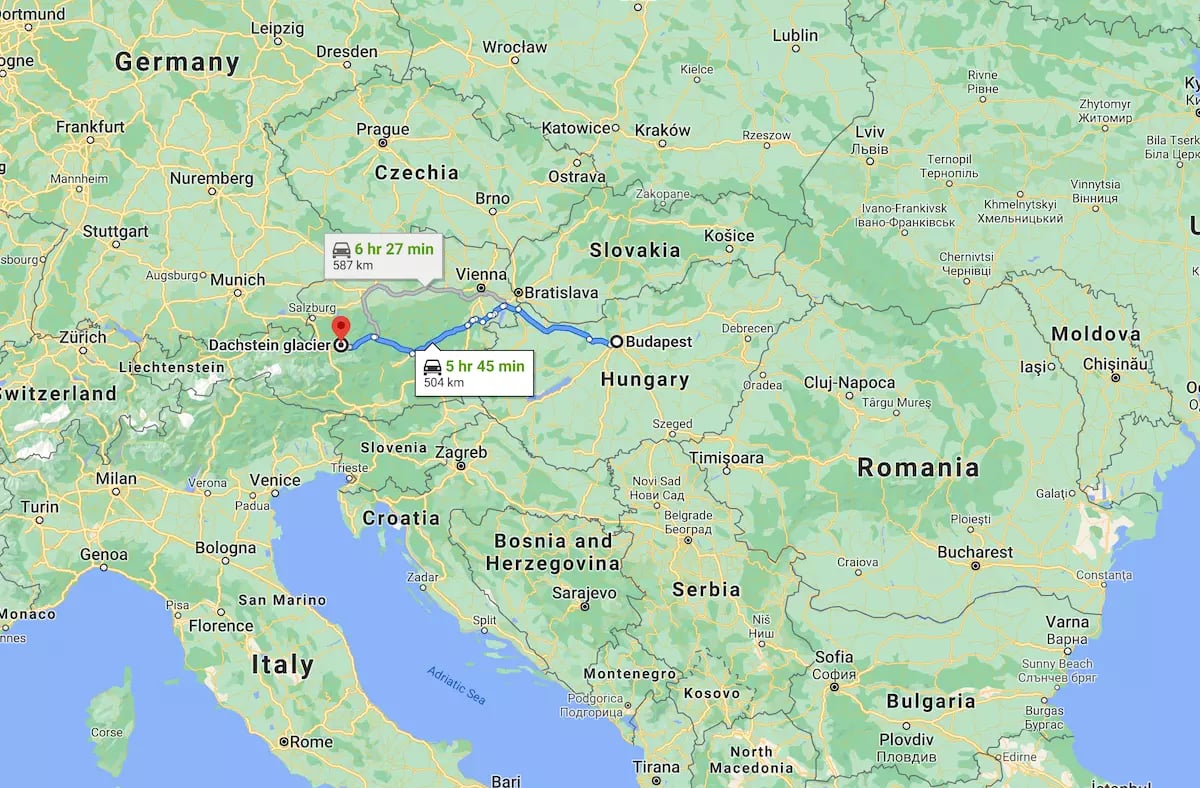 Dachstein gleccser - Budapest távolság - térkép