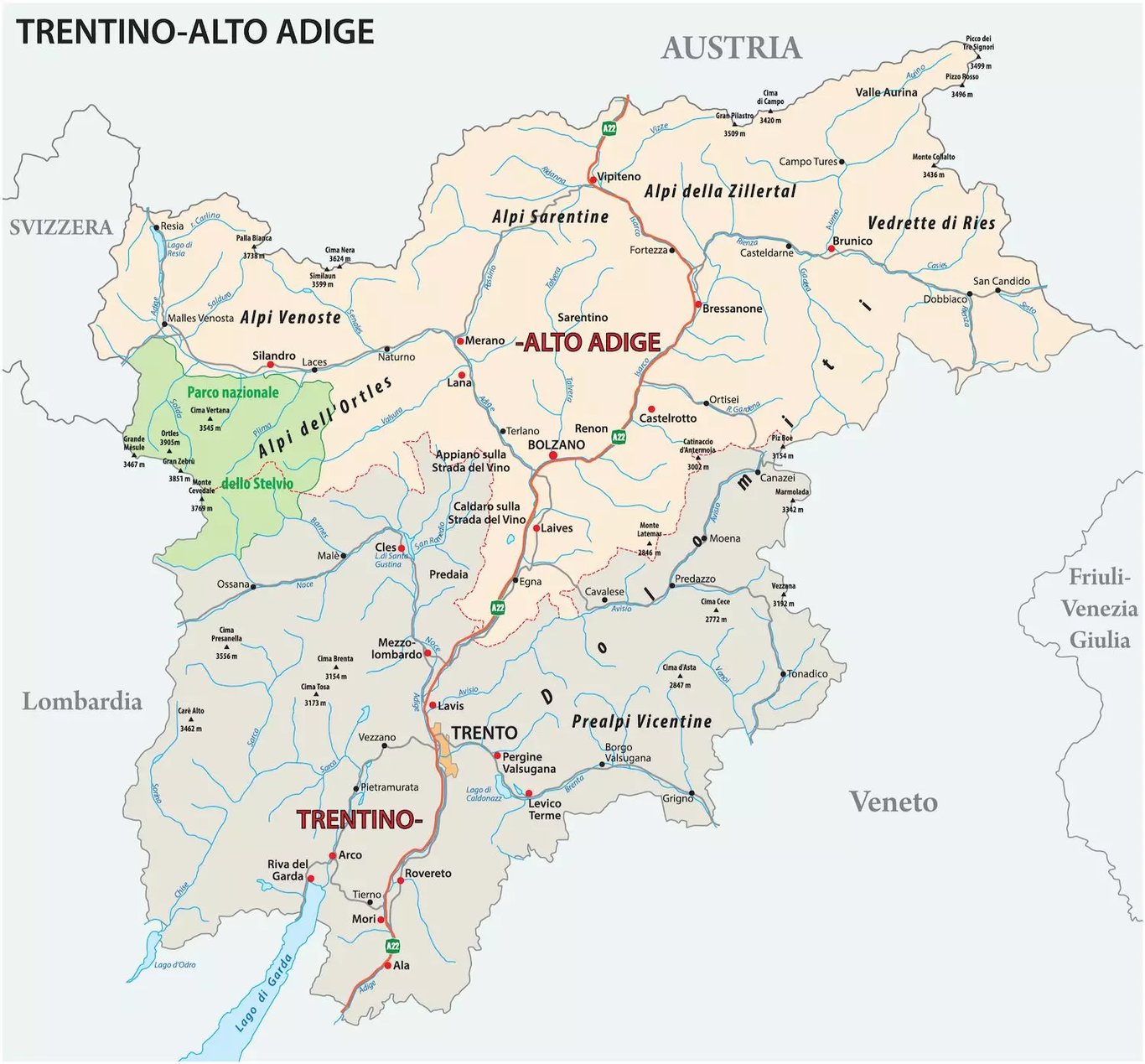 Dél-Tirol autópálya térkép, Olaszország
