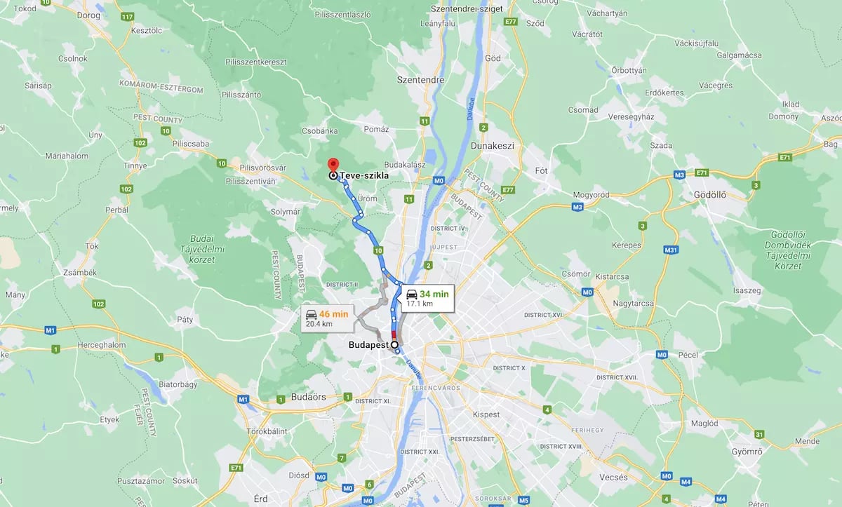 Teve szikla térkép: Budapest távolság