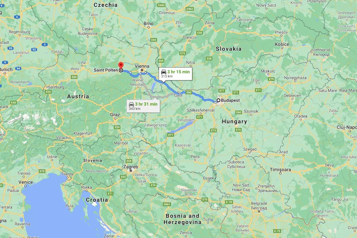 Alsó-Ausztria térkép: St Pölten - Budapest távolság