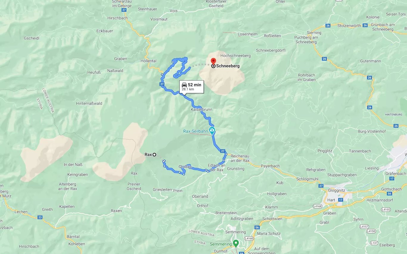 Schneeberg térkép - Rax távolság