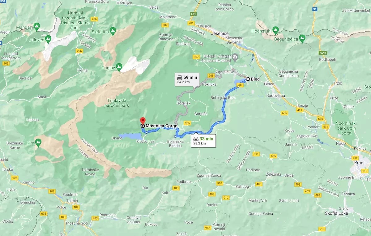 Mostnica szurdok térkép - Bled távolság 