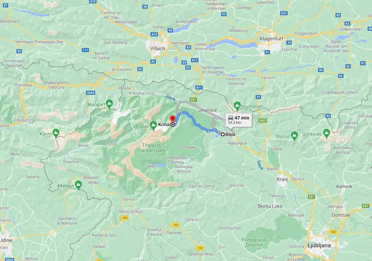 Krma völgy térkép - Bled távolság 