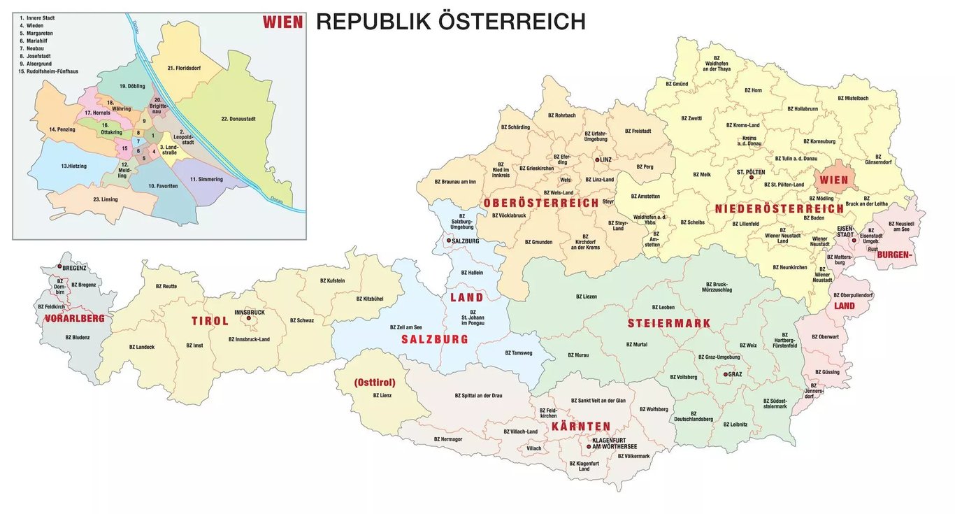 Ausztria tartományai Kisokos - Térkép, székhelyek, városok ...
